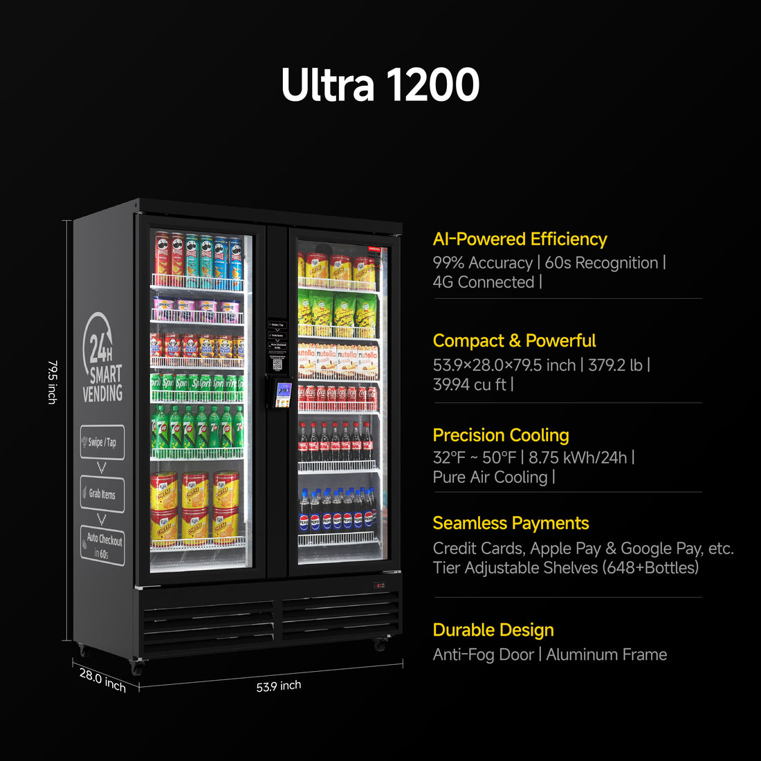 HAHA AI Vending Ultra 1200 | POS/NFC - Self-Service Double Door Refrigerated with 648 bottles space