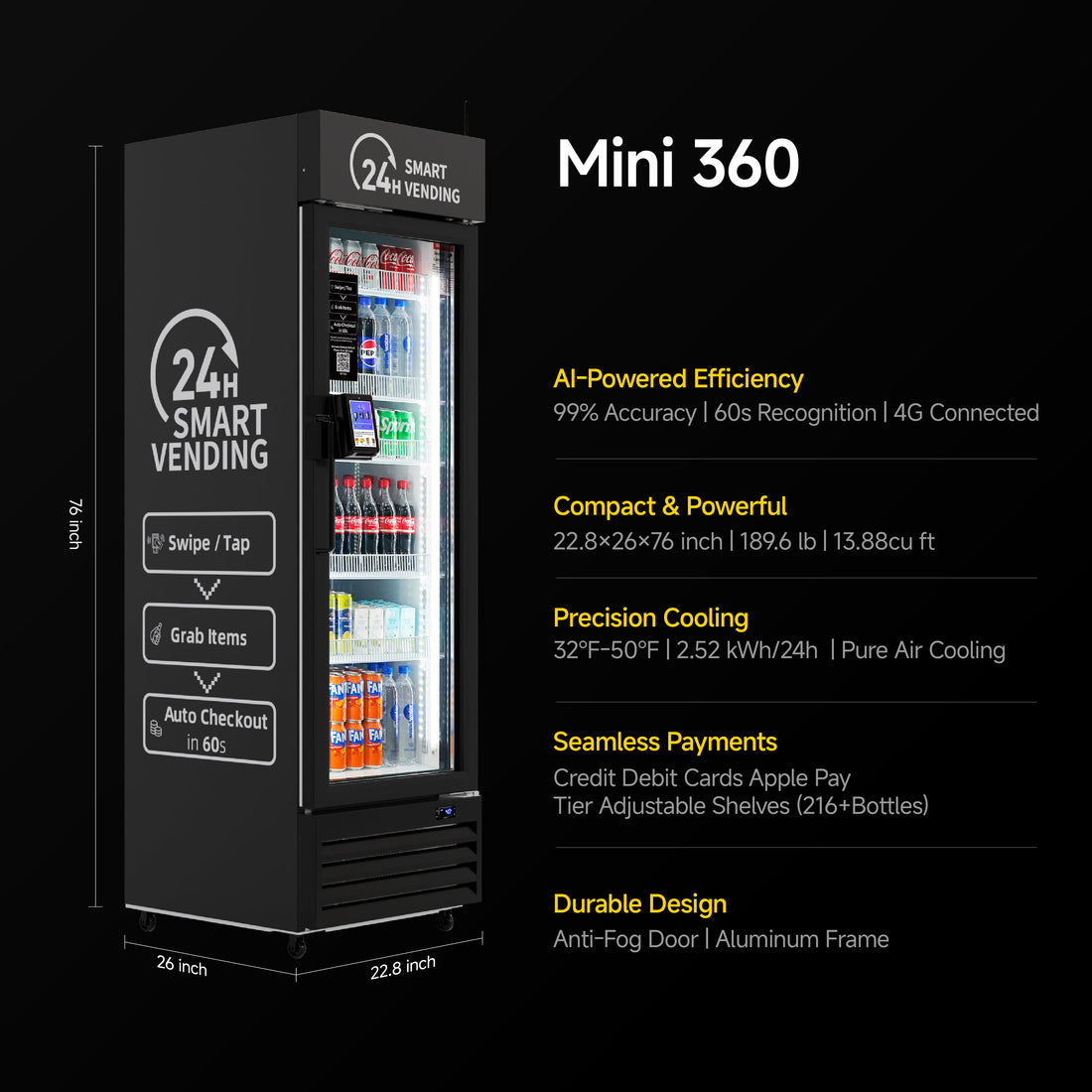 HAHA AI Vending Mini 360 | Touch Card Reader - Smart Refrigerated Combo with 216 bottles space