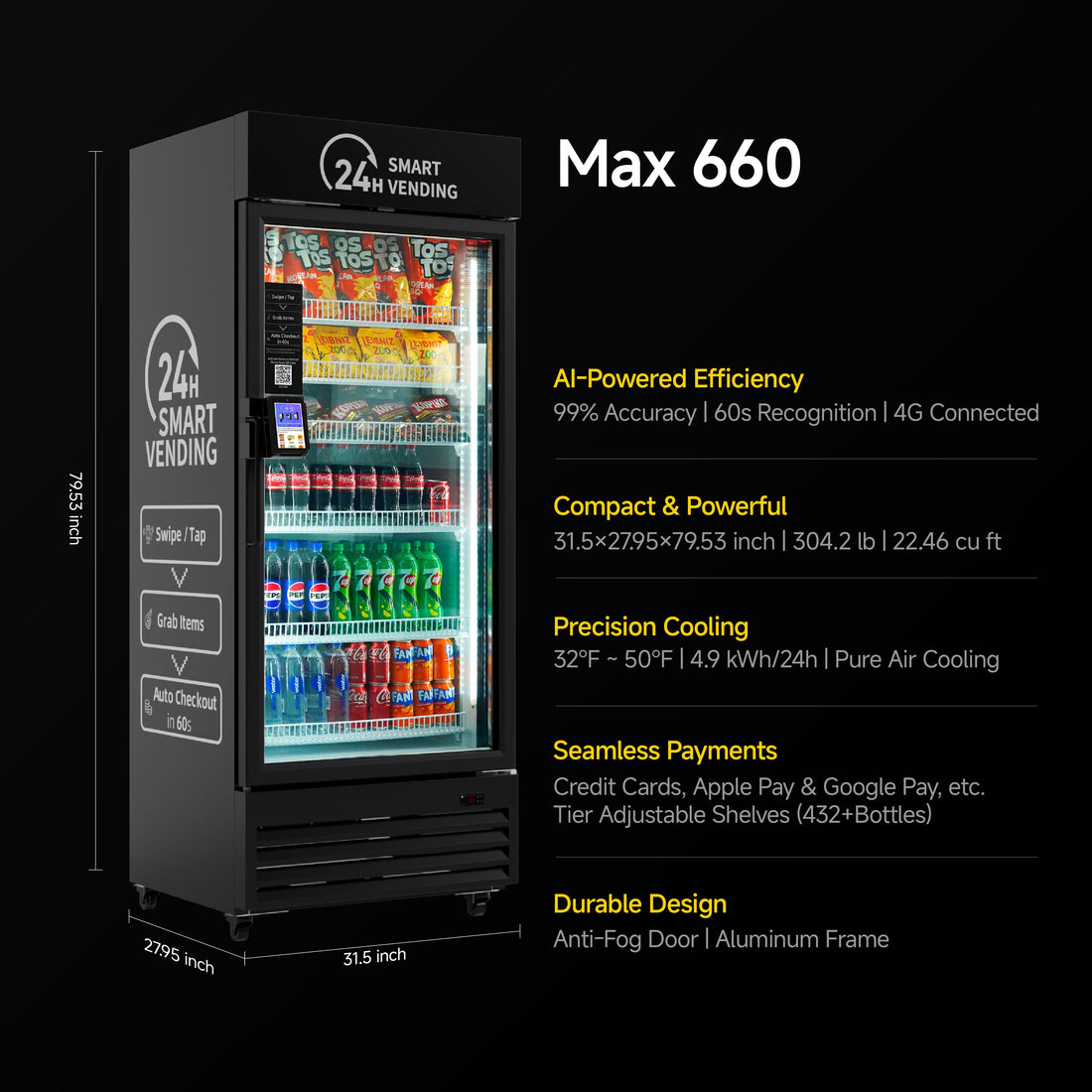 HAHA AI Vending Max 660 | Cashless Self-Service Smart Refrigerated Combo with 432 Can Capacity